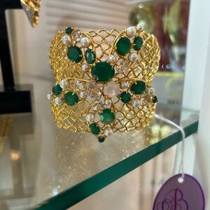 24K Gold Plated Filigree Cuff Bracelet with Green Semiprecious Stones and Pearls